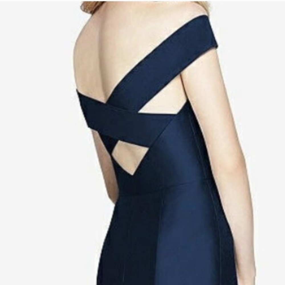 Alfred Sung Women's Midnight Blue Criss-cross Off The Shoulder Gown Dress Sz 6 - Picture 2 of 8